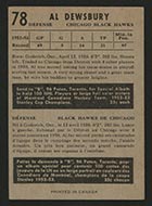 1953-1954 Parkhurst #78 Al Dewsbury Chicago Black Hawks - Back