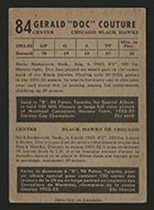 1953-1954 Parkhurst #84 Gerry Couture Chicago Black Hawks - Back