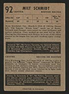 1953-1954 Parkhurst #92 Milt Schmidt Boston Bruins - Back