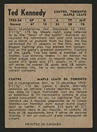 1954-1955 Parkhurst #29 “Teeder” Kennedy Toronto Maple Leafs - Back