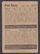 1954-1955 Parkhurst #66 Paul Ronty New York Rangers - Back