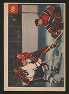 1954-1955 Parkhurst #98 Plante protects against slippery Sloan - Front