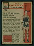 1957-1958 Topps #70 Jack Coleman St. Louis Hawks - Back