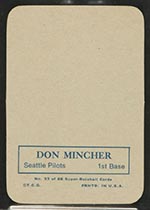 1969 Topps Supers #33 Don Mincher Seattle Pilots - Back