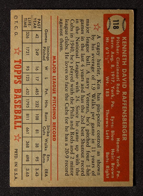 BMW Sportscards | Ken Raffensberger #118 | 1952 Topps Baseball