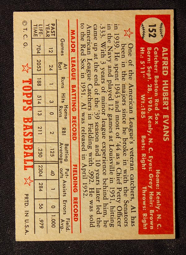 BMW Sportscards | Al Evans #152 | 1952 Topps Baseball