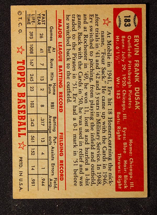 BMW Sportscards | Erv Dusak #183 | 1952 Topps Baseball
