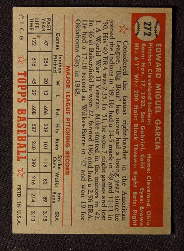 BMW Sportscards | Mike Garcia #272 | 1952 Topps Baseball