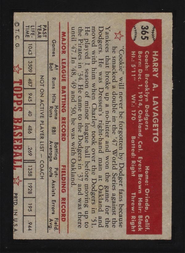 BMW Sportscards | Cookie Lavagetto #365 | 1952 Topps Baseball